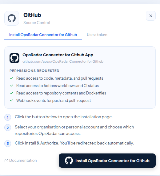 The GitHub install card, showing the permissions OpsRadar requests and the three-step install flow