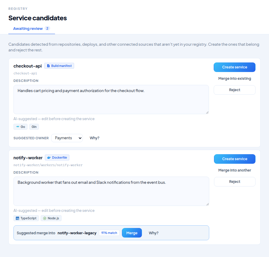 The service candidates page, showing two detected candidates with suggested descriptions, language, owner, and a suggested merge