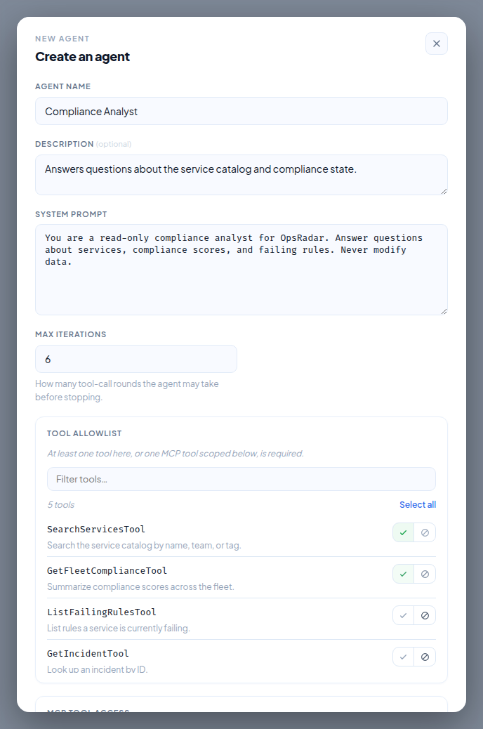 The new agent form, filled in with a name, description, system prompt, and two tool allowlist entries checked