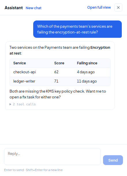 The assistant panel open with a conversation: a user question about failing compliance rules, and an assistant reply with a results table and a collapsed tool calls section